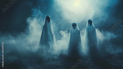 three ghostly figures in a foggy field