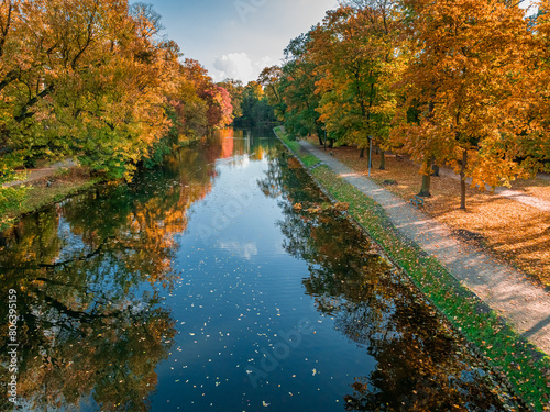 Multicolored forest by river at autumn, Bydgoszcz.