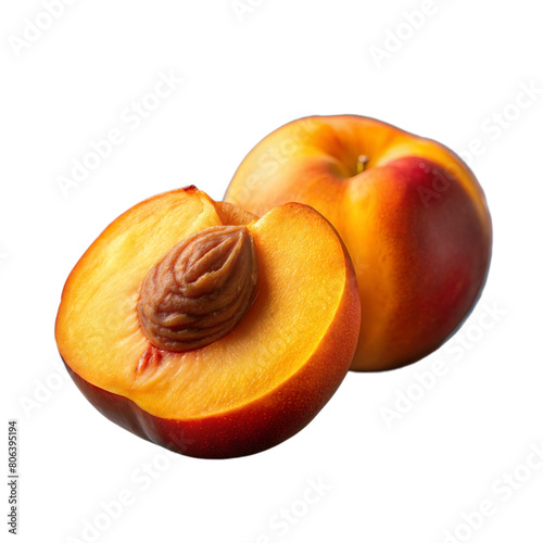 Ripe Nectarines With One Halved Showing Pit on Transparent Background