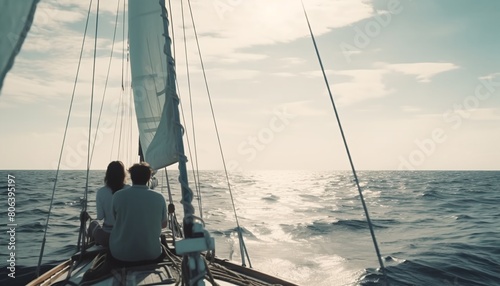 two people sitting on the front of a sailboat in the ocean © progressman
