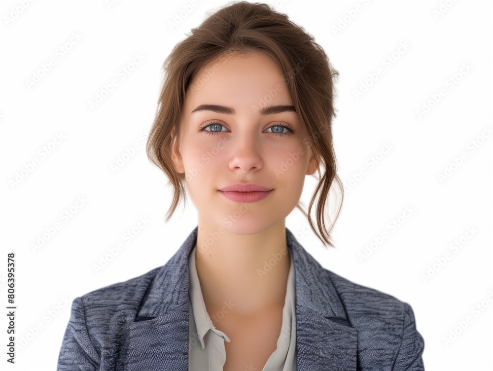 a woman with a blue jacket and a white shirt a woman with a blue jacket and a white shirt