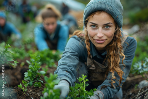 Diverse group of people of all ages volunteering at a community garden, planting trees. AI generated.