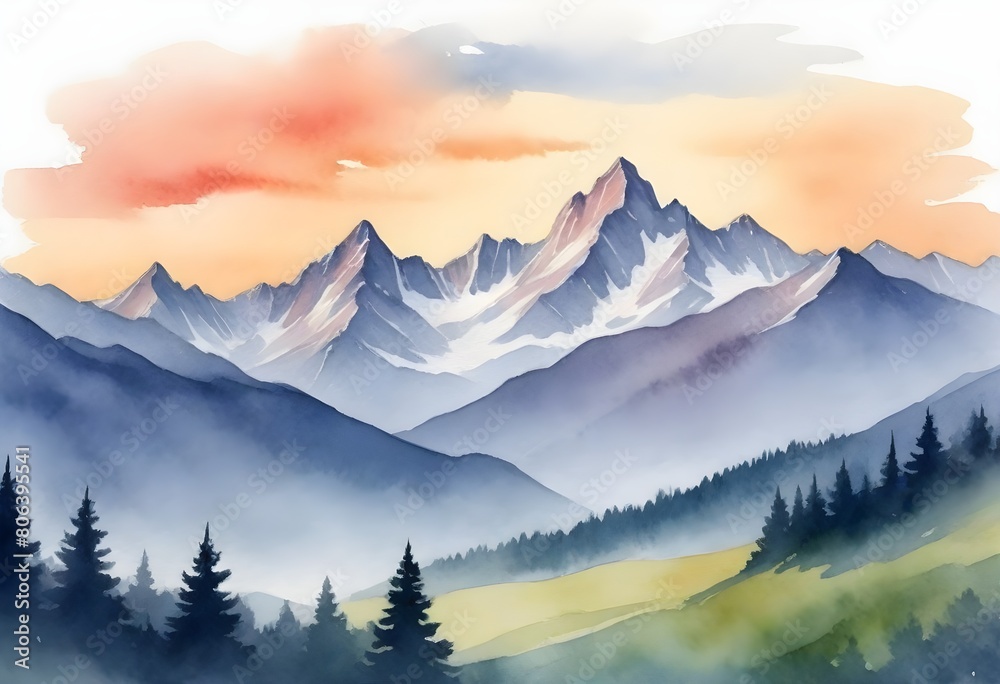 watercolor painting Serene mountain range at sunse (2)