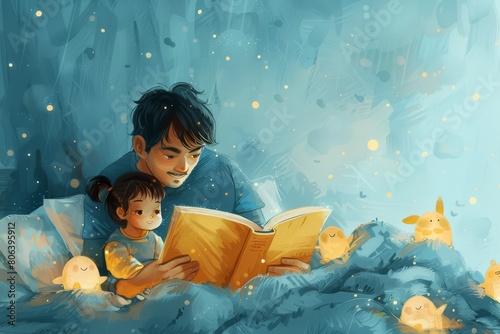 Father illustration. Father and child at bedtime. Father reads book for children. Father read in bed illustration. Father with bedtime book illustration. Father reading a bedtime book illustration