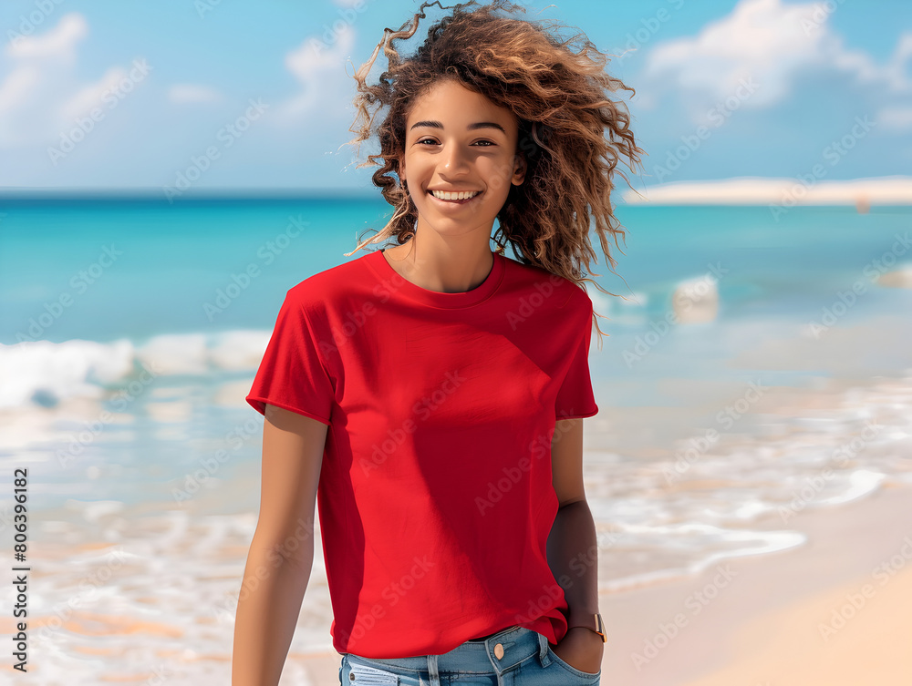 Mockup of Woman Wearing Red T-Shirt at the Beach, Fashion Apparel Display, Front View
Mockup of Woman Wearing Red T-Shirt at the Beach, Fashion Apparel Display, Front View