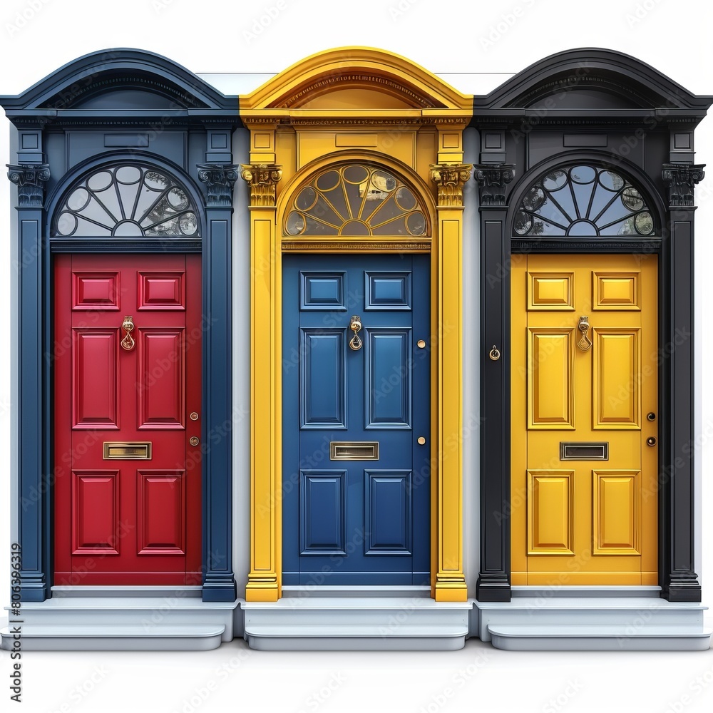 Colorful front doors to houses and buildings isolated in flat design style, vector illustration. 