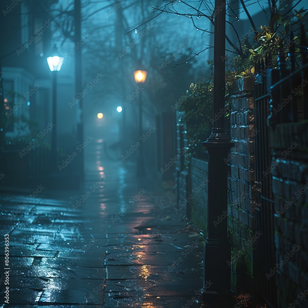 dark gloomy city street at night. background for crime. Evening landscape of city alley. Gloomy sidewalk is there in foggy weather. Night road without lights.