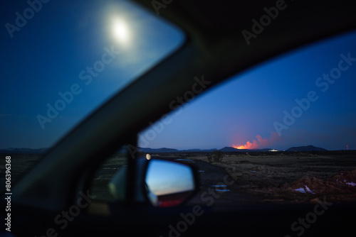 Car Passenger View towards Volcanic Eruption at Grindavik in Iceland