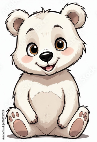 A cute and friendly cartoon bear with large eyes  a button nose  and a happy expression The bear has a fluffy  round body