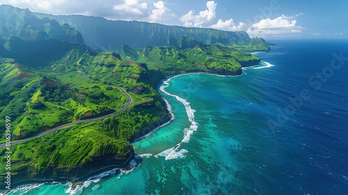 A breathtaking aerial shot of a winding coastal highway carving its way through lush  green cliffs.