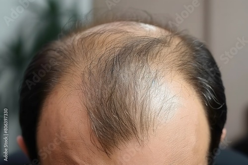 Bald man in isolated white background worried and both hands on his scalp.view from behind
