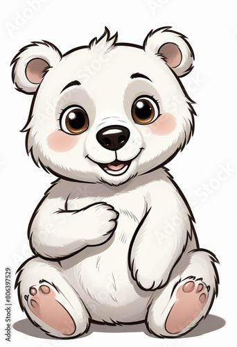 A cute and friendly cartoon bear with large eyes  a button nose  and a happy expression The bear has a fluffy  round body