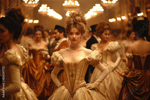 Victorian era reenactment with participants in elegant outfits at a grand ball. AI generated.