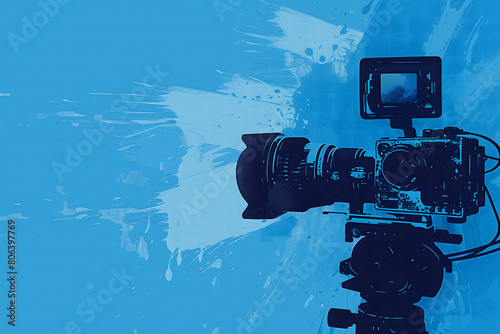Video camera on a blue background, splashes of paint. expressive illustration, concept of the press and the word of freedom, for the media and journalists, side view of the camera, free space for text