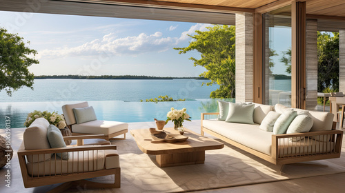 Waterfront Living Room with Infinity Pool Overlooking Ocean Bay