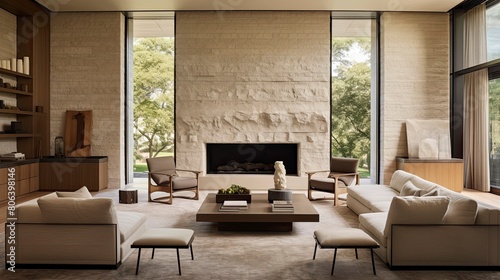 Limestone Contemporary Living Room with Natural Stone Wall and Neutral Furniture