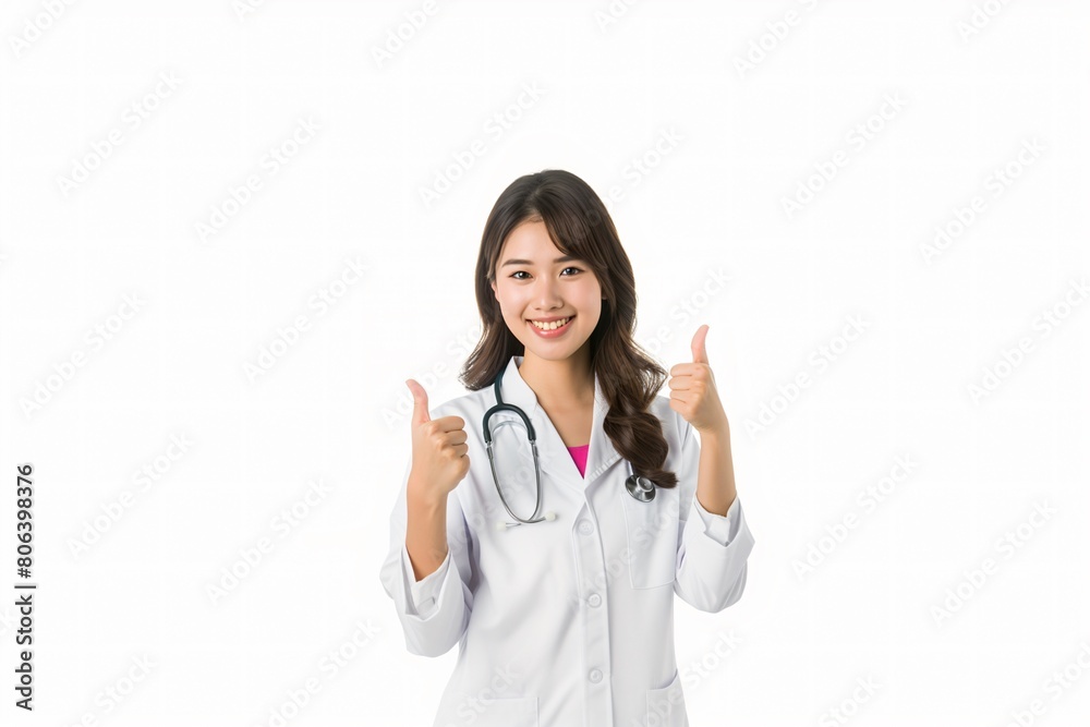 Portrait of a young female doctor showing thumbs up isolated on white background Portrait of a young female doctor showing thumbs up isolated on white background