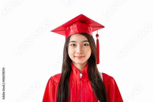 Portrait of a young woman wearing a graduation cap isolated on white background