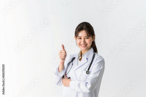 asian female doctor with stethoscope and thumb up on white background