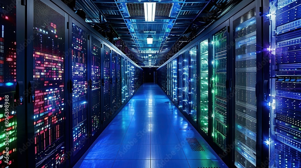 Fototapeta premium Data center rack server on server room, server room security, data center server, web host warehouse data server cabinets network storage database.