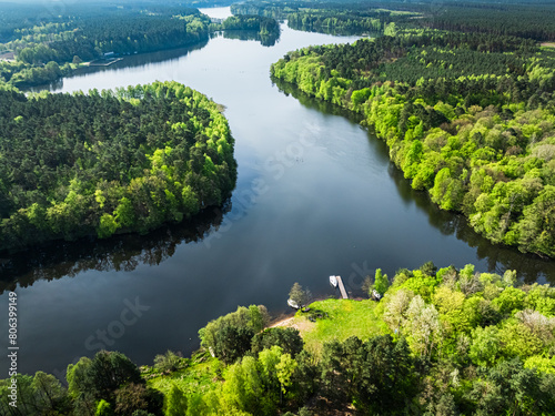 Nature in Poland. Curvy river and forests at spring.