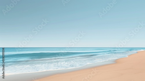 A serene landscape featuring a coastal beach with crystal clear water  waves gently rolling in under a sunny sky dotted with fluffy clouds  creating a picturesque horizon AIG50