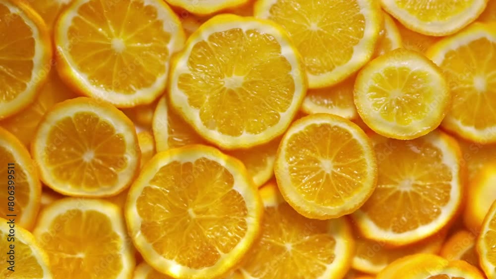 Super slow motion of orange slices with ice rotating in water, black background. Filmed on high speed cinema camera, 1000 fps.