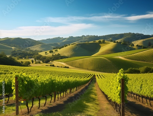 A Vibrant Vineyard in the Rolling Hills on a Sunny Day