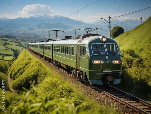 A Vintage Train Travels Through Countryside on a Sunny Day photo