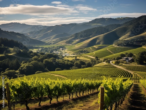A Vineyard in the Rolling Hills Captured at Sunset
