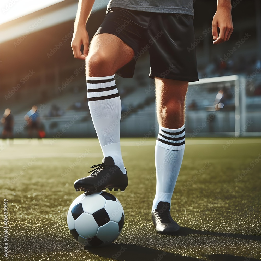 A soccer player dribbling a classic black and white ball, wearing dark shorts, white socks, and sports shoes, with focus on legs and ball, background blurred.