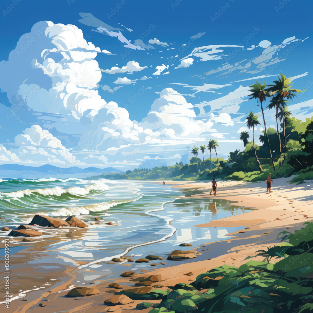 Naklejka premium Watercolor summer beach landscape vector, clipart Illustration, Generative Ai