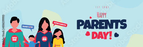 Global day of parents. 1st June Happy parents day celebration cover banner, post, card with family of four, father and mother wearing super hero costumes. Parents as super heroes for their children.
