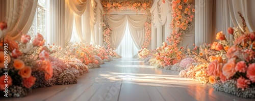 Decorations with predominantly white floral backgrounds are suitable for wedding designs