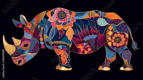 rhinoceros in the art style of bold colors and quilted patterns  whimsical designs