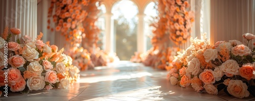 Decorations with predominantly white floral backgrounds are suitable for wedding designs