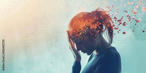 a woman with her head in her hands and a lot of orange pieces falling from her hair in the air photo