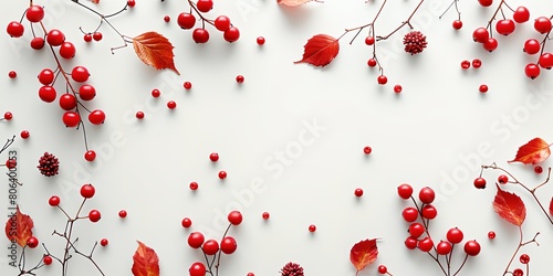 a white background with red berries and leaves