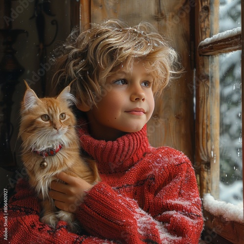 young boy in red sweater holding his pet cat looking out the kitchen window © Jalal