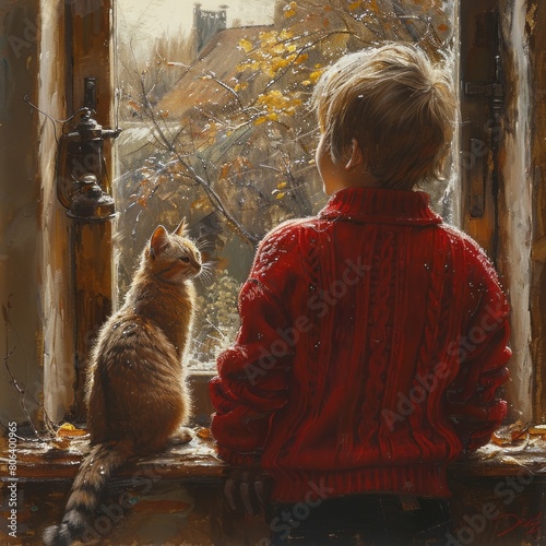 young boy in red sweater holding his pet cat looking out the kitchen window © Jalal