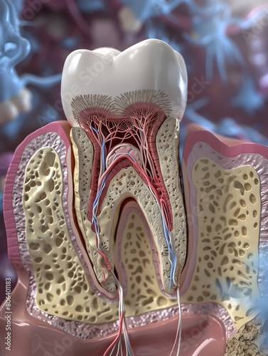 An intricate 3D simulation highlighting dental anomalies such as taurodontism, with detailed tooth root elongation and pulp chamber enlargement photo