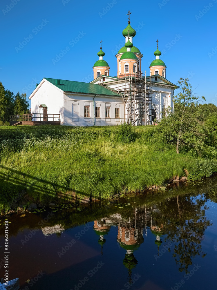 Cathedral of the Smolensk icon of the Mother of God at the shore of Megrega river in Olonets, Republic of Karelia, Russia. The cathedral was built in 1824-1830.