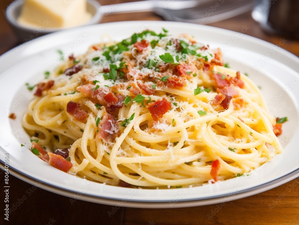 Chef's spaghetti carbonara served for lunch at an Italian restaurant