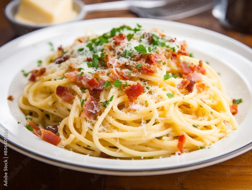 Chef's spaghetti carbonara served for lunch at an Italian restaurant Chef's spaghetti carbonara served for lunch at an Italian restaurant