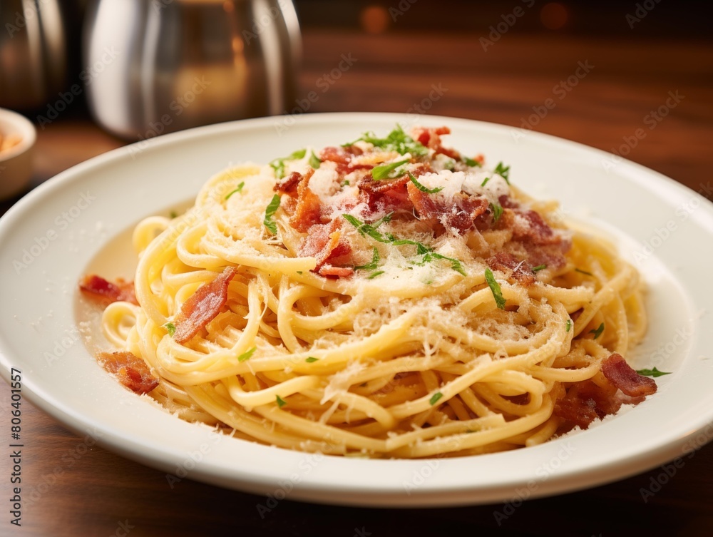 Chef's Spaghetti Carbonara Served for Dinner at a Cozy Restaurant