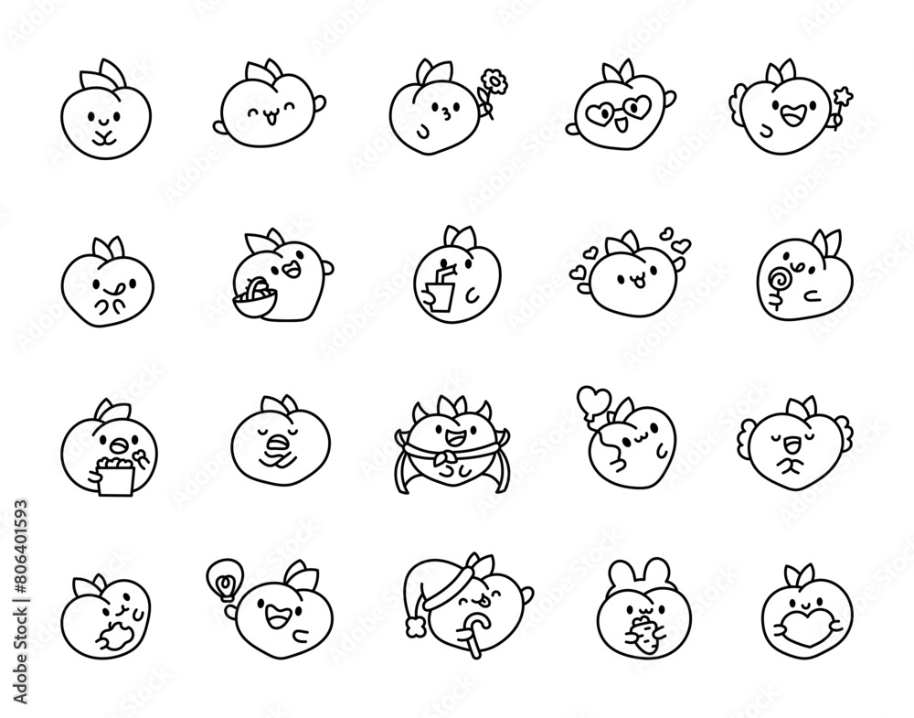 Cute kawaii peach with a smile. Coloring Page. Cartoon character. Hand drawn style. Vector drawing. Collection of design elements.