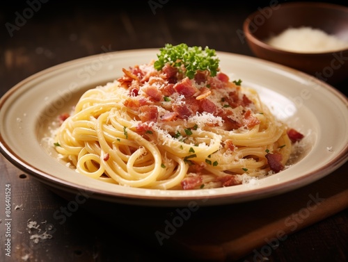 Chef's freshly cooked spaghetti carbonara served in a rustic kitchen