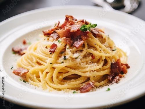 Chef's Pasta Carbonara Served for Lunch at an Italian Bistro