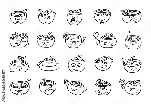Cute kawaii coconut cocktail with a smile. Coloring Page. Cartoon character. Hand drawn style. Vector drawing. Collection of design elements.