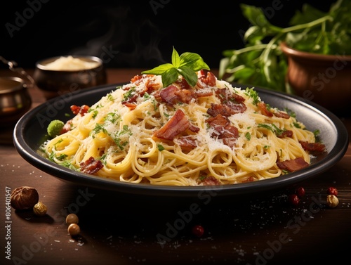 Chef's Spaghetti Carbonara Served Hot in a Rustic Kitchen
